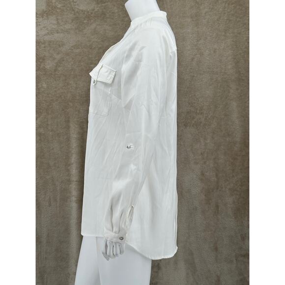 Style & Co Top Women 10 Ivory Satiny Button Up Long Sleeve Clean Girl Minimalist - Picture 4 of 9